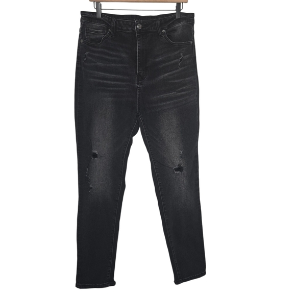 RISEN Womens Black Fade High Rise Stretch Distressed Boyfriend Denim Jeans 15 32 - Picture 1 of 7